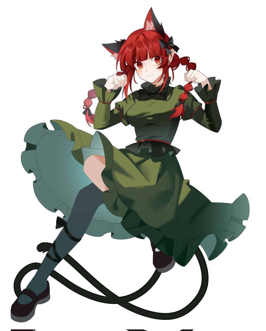 1girl :3 animal_ears black_bow black_bowtie bow bowtie braid cat_ears cat_girl cat_tail closed_mouth commentary corrupted_twitter_file extra_ears frilled_skirt frilled_sleeves frills green_shirt green_skirt hair_bow hands_up highres juliet_sleeves kaenbyou_rin leg_ribbon long_hair long_sleeves looking_at_viewer mary_janes miamante77 multiple_tails paw_pose pointy_ears puffy_sleeves red_eyes red_footwear redhead ribbon shirt shoes simple_background skirt solo tail touhou twin_braids two_tails white_background