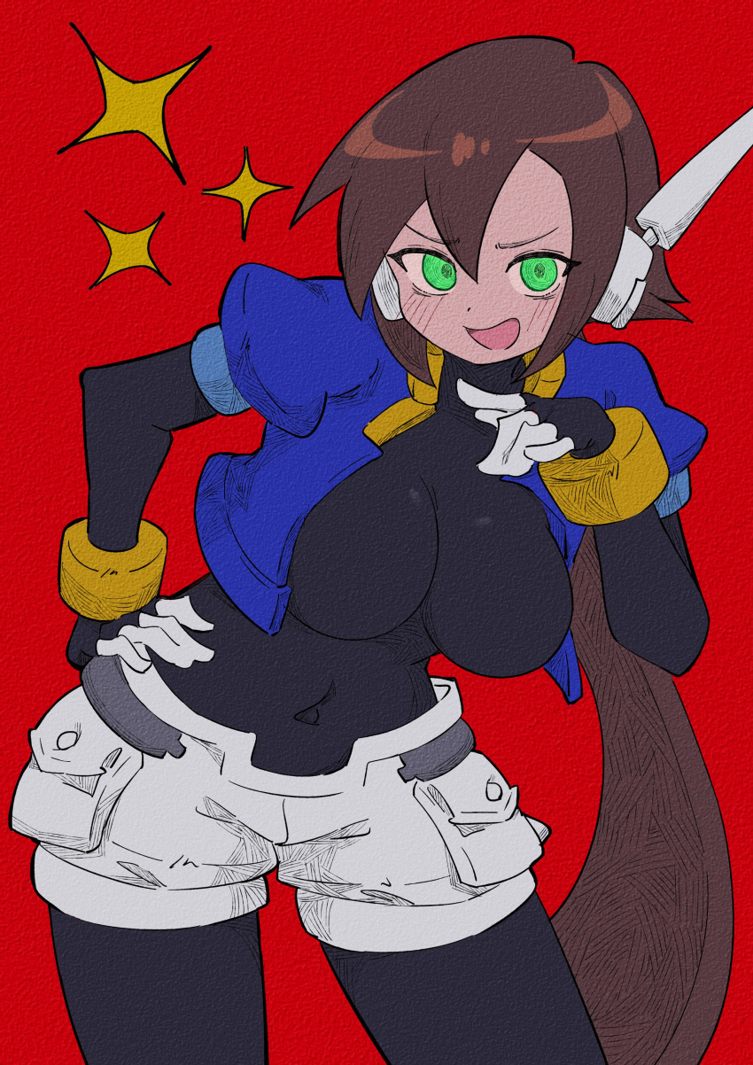 1girl absurdres aile_(mega_man_zx) black_bodysuit blue_jacket blush bodysuit bodysuit_under_clothes breasts brown_hair buzzlyears covered_navel cropped_jacket fang faux_traditional_media glowing green_eyes highres jacket long_hair looking_at_viewer medium_breasts mega_man_(series) mega_man_zx mega_man_zx_advent open_clothes open_jacket ponytail red_background robot_ears shorts simple_background solo star_(symbol) white_shorts