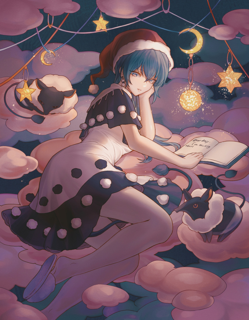 1girl absurdres arm_support black_dress blue_eyes blue_hair book capelet clouds crescent doremy_sweet dress earrings gyokudama_(niku) hat head_on_hand highres jewelry long_hair looking_at_viewer on_cloud open_book pink_clouds santa_hat slippers solo star_(symbol) tapir touhou two-tone_dress white_dress