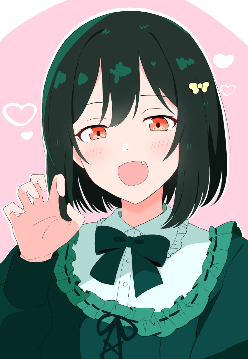 1girl absurdres blush bow bowtie claw_pose collared_shirt commentary_request fang frilled_jacket frills green_bow green_bowtie green_hair green_jacket hair_between_eyes hair_ribbon heart highres jacket long_sleeves looking_at_viewer love_live! love_live!_nijigasaki_high_school_idol_club mifune_shioriko o_be3 open_mouth orange_eyes ribbon shirt short_hair solo upper_body white_shirt yellow_ribbon