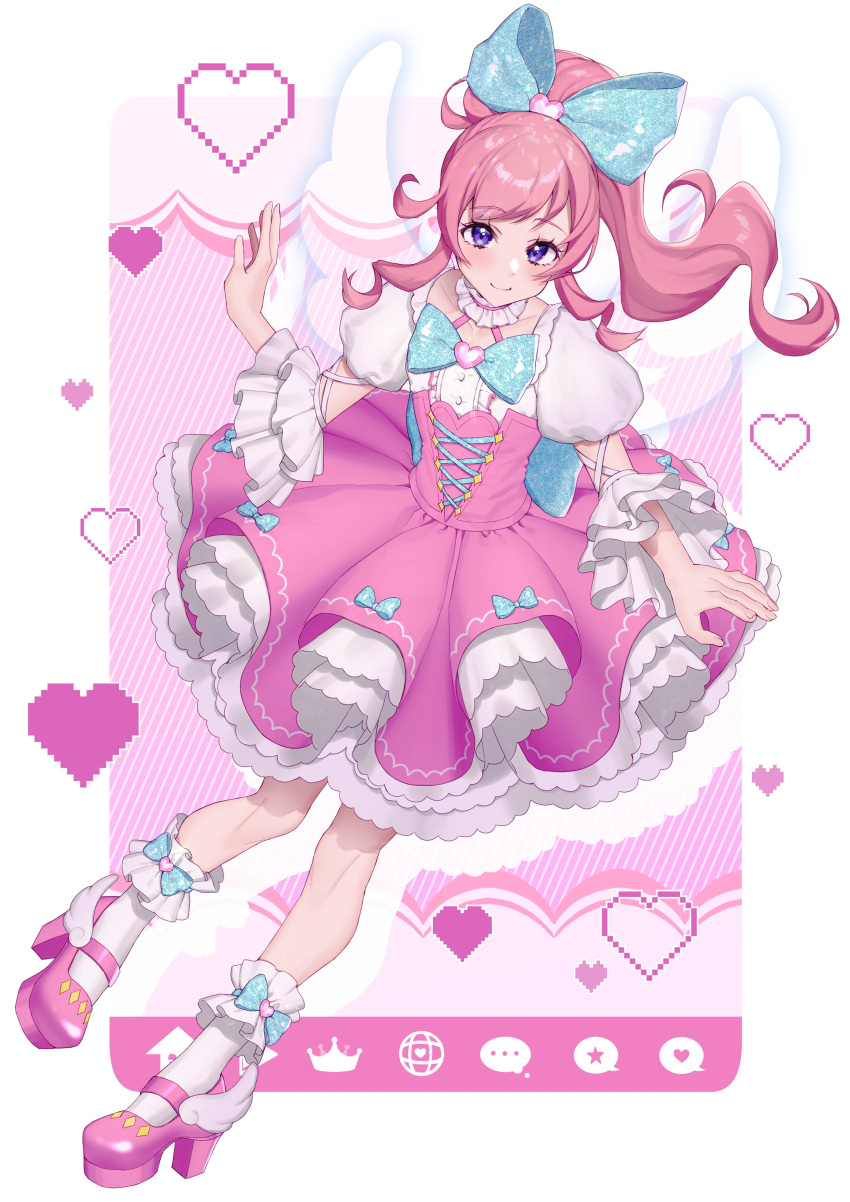 1girl absurdres blue_bow bow detached_collar dress frilled_dress frills full_body hair_bow hand_up heart high_heels highres hourai_ninjin kiratto_pri_chan long_hair looking_at_viewer momoyama_mirai pink_bow pink_dress pink_footwear pink_hair ponytail pretty_series puffy_short_sleeves puffy_sleeves shoes short_sleeves sidelocks smile socks solo standing user_interface violet_eyes white_socks wings