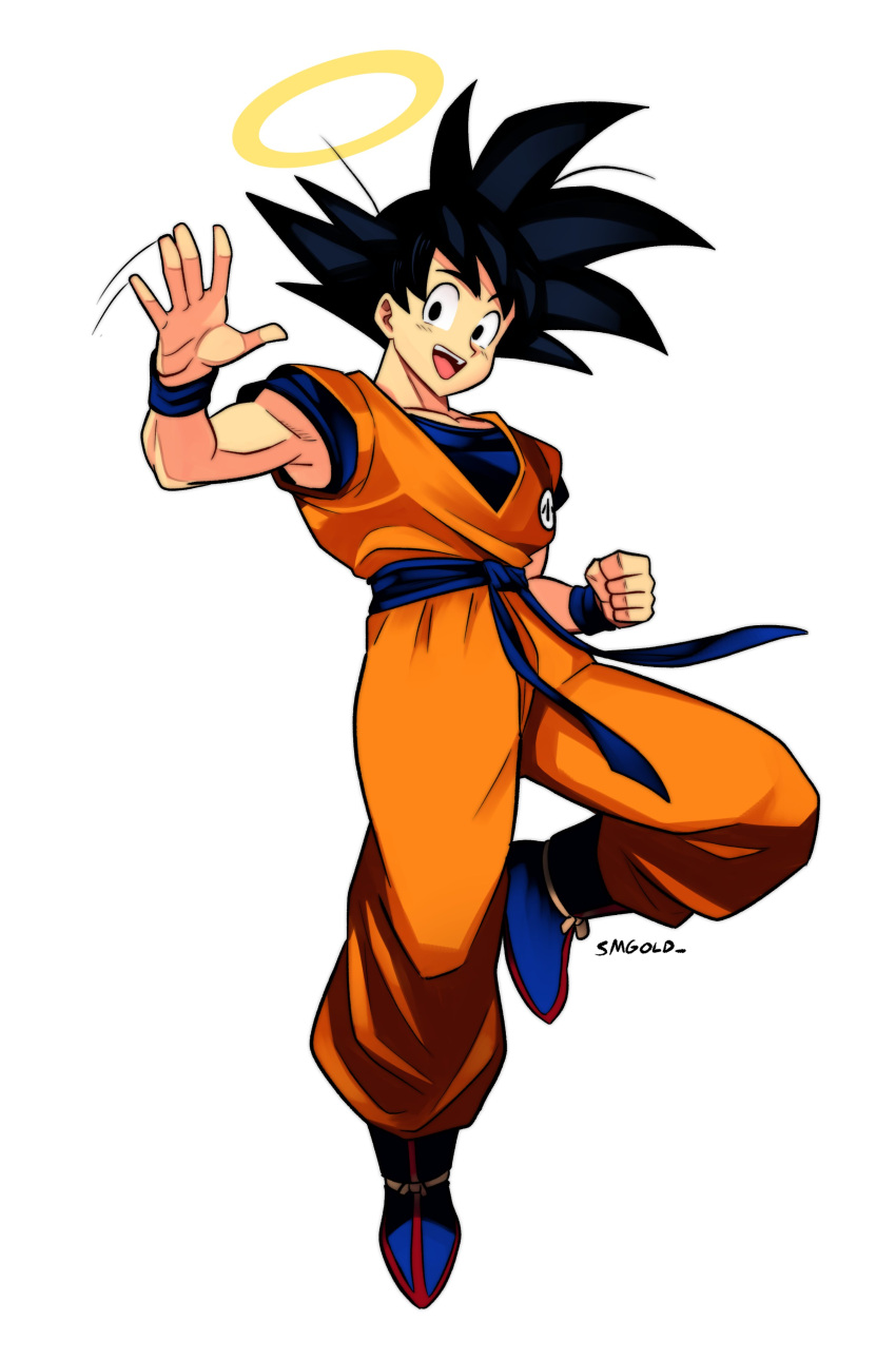 1boy absurdres black_eyes black_hair blue_footwear collarbone commentary dougi dragon_ball dragon_ball_z english_commentary full_body halo hand_up highres knee_up looking_at_viewer male_focus open_hand open_mouth orange_pants orange_shirt pants sash shirt smgold son_goku spiky_hair toned toned_male toriyama_akira_(style) twitter_username undershirt waving white_background wristband