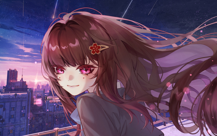 1girl black_jacket brown_hair city commentary_request facial_mark hair_ornament hairclip hhhhusky highres honkai:_star_rail honkai_(series) jacket long_hair official_alternate_costume official_alternate_hairstyle pink_eyes smile solo sparkle_(honkai:_star_rail) upper_body very_long_hair