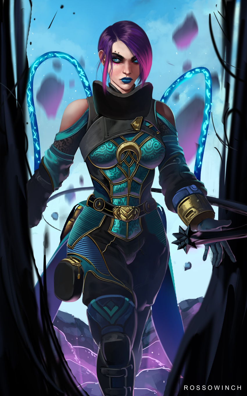 1girl absurdres apex_legends black_bodysuit black_gloves blue_eyes blue_lips blue_skirt bodysuit cable catalyst_(apex_legends) clothing_cutout clouds english_commentary eyebrow_piercing eyeliner eyeshadow frown gloves gradient_hair hair_behind_ear highres liquid looking_to_the_side makeup multicolored_hair piercing pink_eyeliner purple_eyeshadow purple_hair realistic rock rosso_winch short_hair shoulder_cutout skirt sky solo v-shaped_eyebrows walking