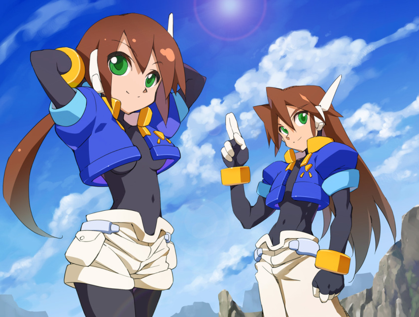 1boy 1girl aile_(mega_man_zx) arms_behind_head black_bodysuit blue_jacket blue_sky bodysuit bodysuit_under_clothes breasts clouds covered_collarbone covered_navel cropped_jacket green_eyes jacket kaidou_zx long_hair looking_at_viewer mega_man_(series) mega_man_zx mega_man_zx_advent open_clothes open_jacket pants ponytail robot_ears salute shorts sky small_breasts sun two-finger_salute vent_(mega_man) white_pants white_shorts