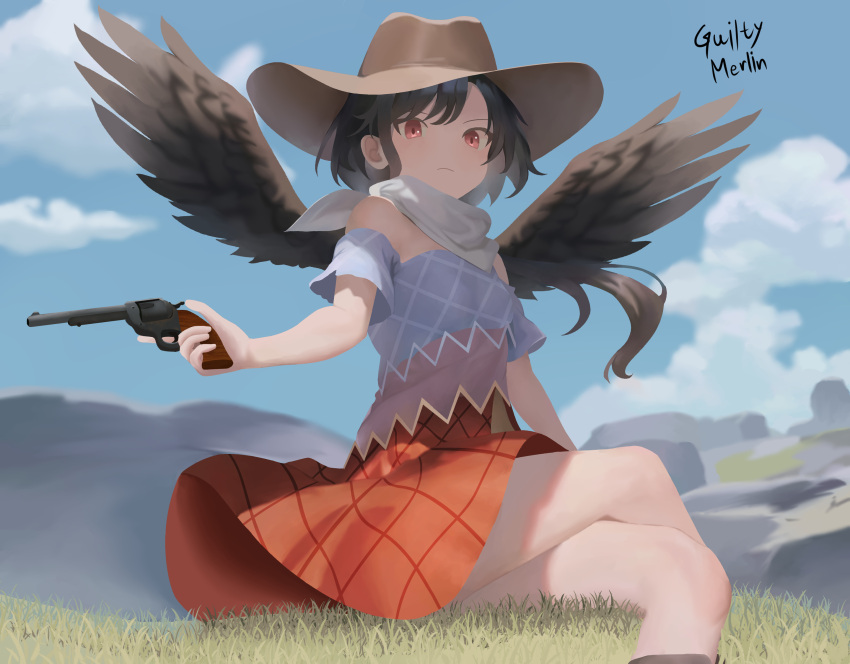 absurdres bandana bare_shoulders black_hair black_wings blue_dress blue_sky brown_dress brown_headwear closed_mouth clouds cloudy_sky cowboy_hat cowboy_western crossed_legs dress feathered_wings grass guilty_merlin gun hat highres holding holding_gun holding_weapon kurokoma_saki long_hair off-shoulder_dress off_shoulder outdoors pegasus_wings pink_dress puffy_sleeves red_eyes revolver sitting sky touhou weapon white_bandana wings