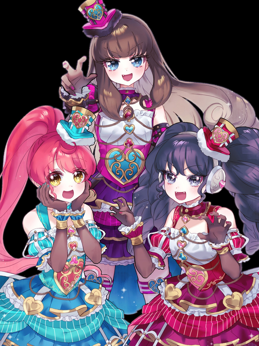 3girls :d absurdres bare_shoulders black_hair blue_dress blue_eyes brown_gloves brown_hair claw_pose club_(shape) commentary_request cowboy_shot detached_sleeves diamond_(shape) dress fang gaaruru_(pripara) gloves gold_trim grey_nails hands_on_own_cheeks hands_on_own_face hands_up hat headphones heart heart_print highres idol_clothes jjuu0105 korean_commentary kurosu_aroma long_hair looking_at_viewer mini_hat mini_top_hat multiple_girls nail_polish open_mouth pink_dress pink_headwear ponytail pretty_series pripara puffy_detached_sleeves puffy_sleeves reaching reaching_towards_viewer red_dress red_headwear redhead see-through_gloves shiratama_mikan sidelocks simple_background smile spade_(shape) standing top_hat twintails very_long_hair wrist_cuffs yellow_eyes