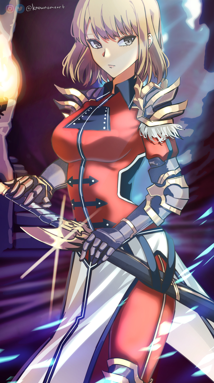 1girl absurdres armor blonde_hair breasts cha_hae-in gauntlets grey_eyes highres holding holding_sword holding_weapon instagram_logo knownameart large_breasts looking_at_viewer red_uniform shoulder_armor solo solo_leveling sword torch twitter_logo weapon