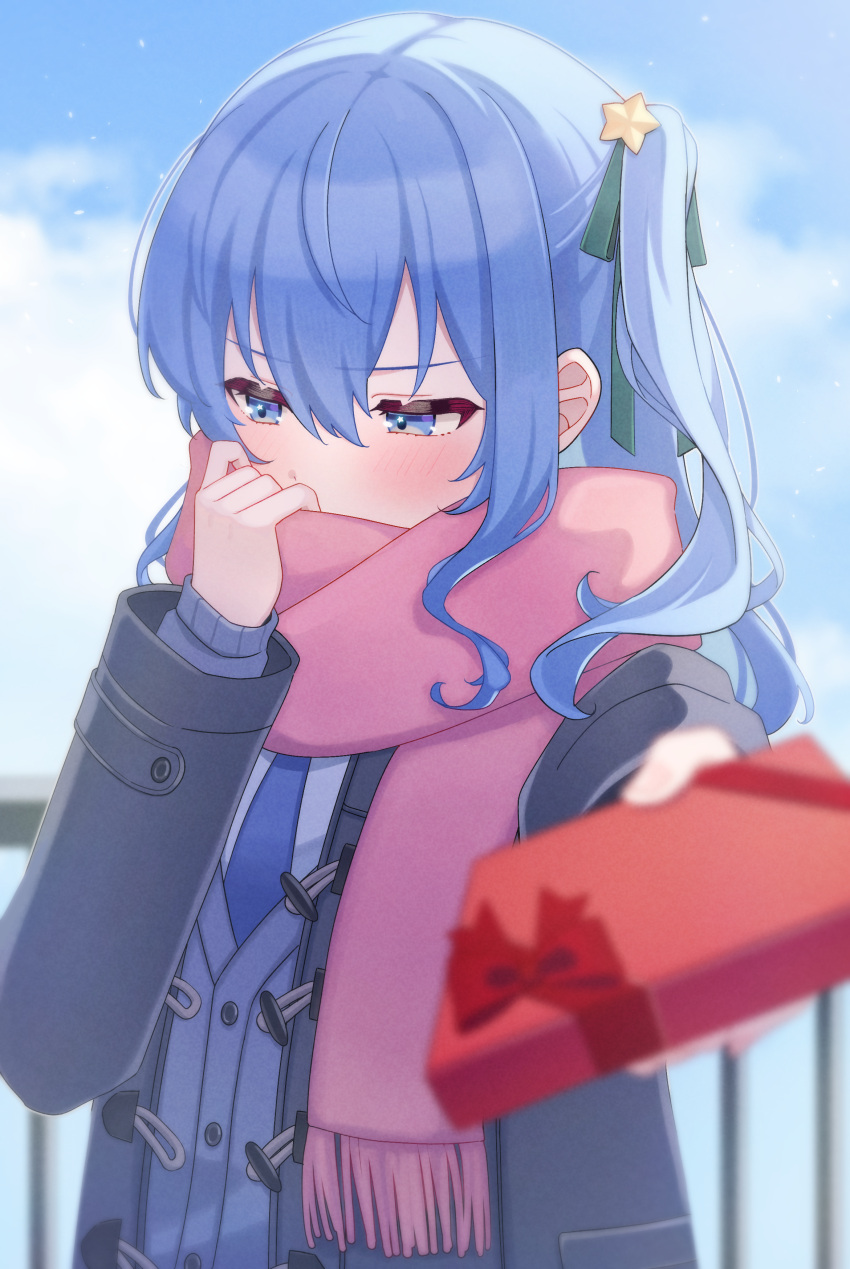 1girl absurdres adjusting_scarf alternate_costume averting_eyes black_jacket blazer blue_eyes blue_hair blush commentary_request covered_mouth day gift green_ribbon hair_between_eyes hair_ribbon highres holding holding_gift hololive hoshimachi_suisei incoming_gift jacket long_hair long_sleeves outdoors pink_scarf ribbon scarf side_ponytail sidelocks solo star_(symbol) star_in_eye symbol_in_eye tsumurimai upper_body valentine virtual_youtuber winter_clothes