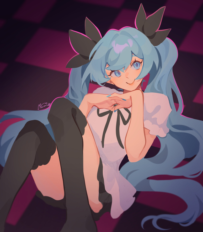 1girl absurdres blue_eyes blue_hair checkered_floor hair_ornament hatsune_miku highres knees_up long_hair looking_to_the_side mararu miku_day nail_polish neck_ribbon own_hands_together ribbon short_sleeves sitting skirt smile solo thigh-highs twintails very_long_hair vocaloid world_is_mine_(vocaloid)
