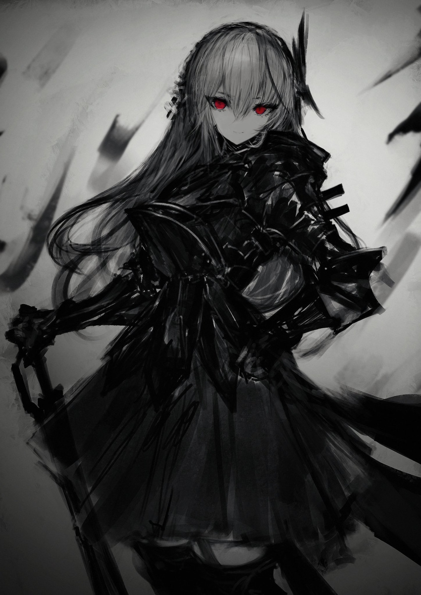 1girl black_dress commentary dress english_commentary gothic_lolita greyscale hairband highres holding lolita_fashion long_hair looking_at_viewer monochrome original simple_background solo spot_color tuda6 violet_eyes weapon