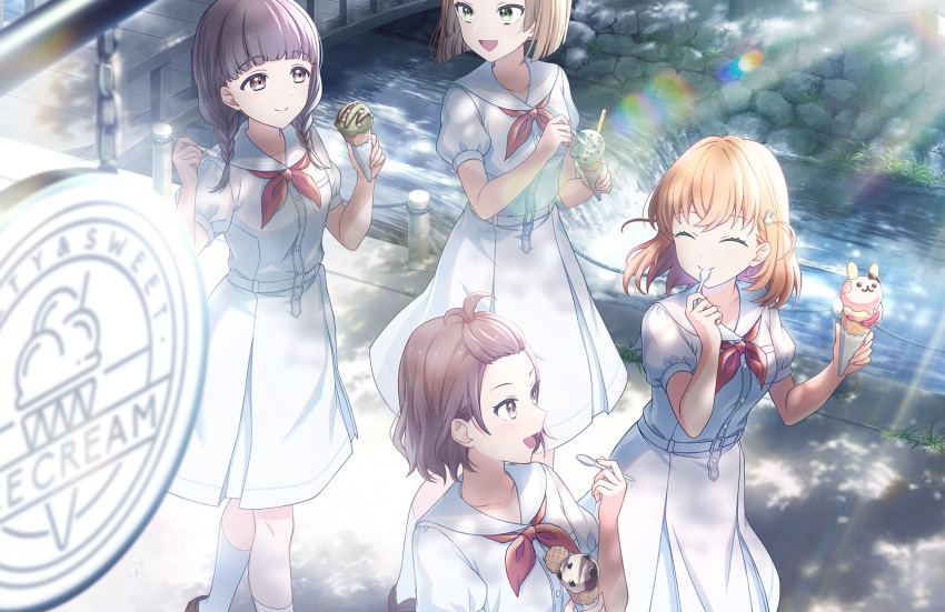 4girls bangs_pinned_back belt biwako_(love_live!) black_hair braid breast_pocket bridge brown_eyes brown_hair closed_mouth collarbone crossed_bangs double_scoop dress eating ena_(love_live!) eye_contact facing_another food from_above game_cg hair_ornament hasu_no_sora_school_uniform highres hinoshita_kaho holding holding_ice_cream_cone holding_spoon ice_cream ice_cream_cone light_brown_hair link!_like!_love_live! looking_at_another love_live! low_twin_braids medium_hair multiple_girls neckerchief official_art open_mouth orange_hair pleated_dress pocket rabbit_hair_ornament red_neckerchief riverbank sailor_collar sailor_dress school_uniform shiina_(love_live!) short_hair short_sleeves side_ahoge sign smile spoon summer_uniform third-party_source twin_braids utensil_in_mouth waffle_cone walking white_belt white_dress white_sailor_collar wooden_bridge