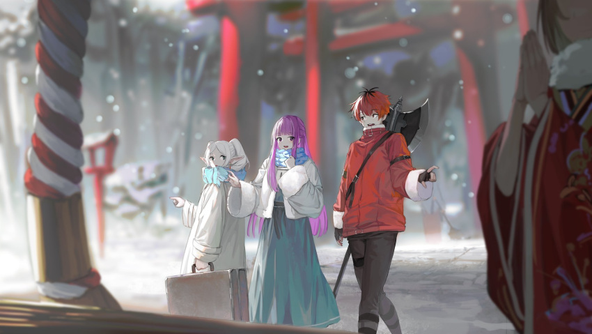 1boy 3girls axe battle_axe black_hair coat dress elf fern fingerless_gloves frieren gloves hatsumoude highres holding holding_suitcase jacket japanese_clothes kimono long_hair looking_at_another mmi_ryu multicolored_hair multiple_girls new_year open_mouth own_hands_clasped own_hands_together pointy_ears purple_hair red_jacket redhead scarf shrine snow sousou_no_frieren stark_(sousou_no_frieren) suitcase torii twintails two-tone_hair weapon white_hair winter winter_clothes