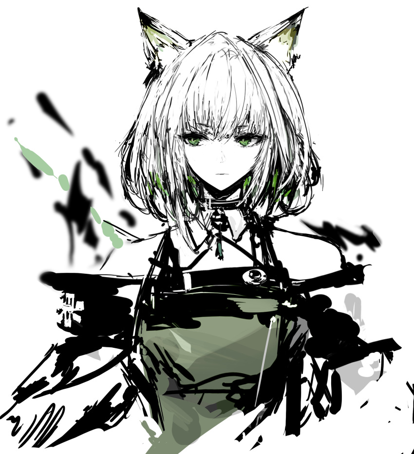 1girl :| absurdres animal_ears arknights arms_at_sides bare_shoulders cat_ears cat_girl closed_mouth collared_shirt colored_inner_hair criss-cross_halter cropped_torso expressionless green_eyes green_hair green_shirt halterneck highres jacket kal'tsit_(arknights) looking_to_the_side medium_hair multicolored_hair off-shoulder_jacket off_shoulder open_clothes open_jacket shirt sideways_glance simple_background sleeveless sleeveless_shirt solo tuda6 white_background white_hair white_jacket