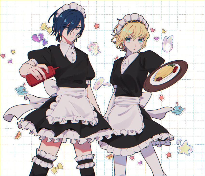 1boy 1girl :o aegis_(persona) alternate_costume apron arm_at_side back_bow bandaid black_dress black_thighhighs blonde_hair blue_eyes blue_hair bottle bow broken_heart chromatic_aberration closed_mouth collared_dress cowboy_shot crossdressing dress elulit2 enmaided food frilled_apron frilled_dress frilled_thighhighs frills fruit grey_eyes grid_background hair_between_eyes heart highres holding holding_bottle holding_tray ketchup ketchup_bottle looking_at_viewer maid maid_apron maid_headdress male_maid omelet omurice open_mouth orange_(fruit) orange_slice persona persona_3 plate puffy_short_sleeves puffy_sleeves sausage serious short_hair short_sleeves simple_background star_(symbol) sticker thigh-highs tomato tomato_slice tray unicorn waist_apron white_apron white_background white_bow wing_collar yellow_bow yuuki_makoto_(persona_3)