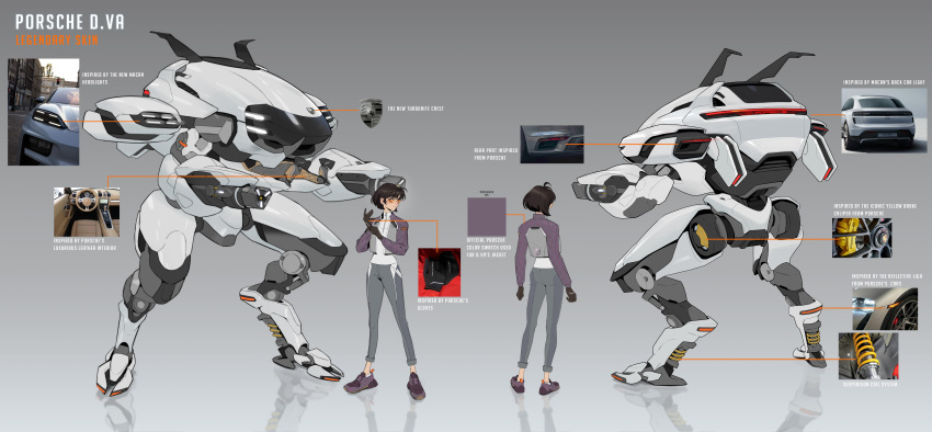 1girl absurdres adjusting_clothes adjusting_gloves ankle_socks anklet black_gloves brown_hair commentary cropped_jacket d.va_(overwatch) english_commentary english_text full_body gloves grey_background grey_jacket grey_pants high_collar highres jacket jewelry meka_(overwatch) multicolored_clothes multicolored_jacket multiple_girls official_alternate_costume official_alternate_hair_length official_alternate_hairstyle official_art open_clothes open_jacket orange-tinted_eyewear overwatch overwatch_2 pants photo_inset porsche porsche_d.va porsche_macan purple_footwear purple_jacket reference_inset reference_sheet shirt shoes short_hair sneakers socks standing tinted_eyewear white_shirt white_socks zipper_pull_tab