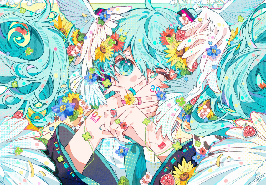 1girl barcode barcode_tattoo black_sleeves blue_eyes blue_hair blue_nails blue_necktie covering_own_mouth detached_sleeves from_above hair_between_eyes hair_spread_out hatsune_miku head_wings highres index_finger_raised jewelry long_hair long_sleeves looking_at_viewer multiple_rings nail_polish necktie one_eye_closed portrait ring shirt solo sunfish3939 tattoo twintails vocaloid white_shirt wings