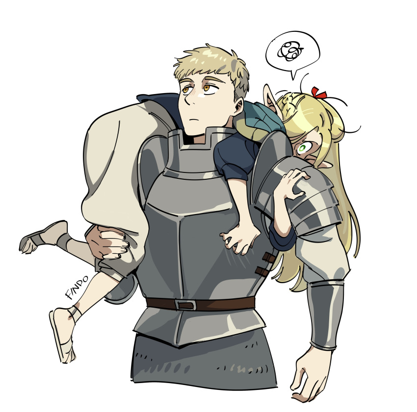 absurdres angry armor blonde_hair blue_robe carrying carrying_over_shoulder carrying_person chainmail closed_mouth dungeon_meshi elf findoworld green_eyes highres hooded_robe laios_thorden long_hair long_sleeves looking_at_another marcille_donato pointy_ears robe scribble short_hair shoulder_armor simple_background speech_bubble upper_body white_background