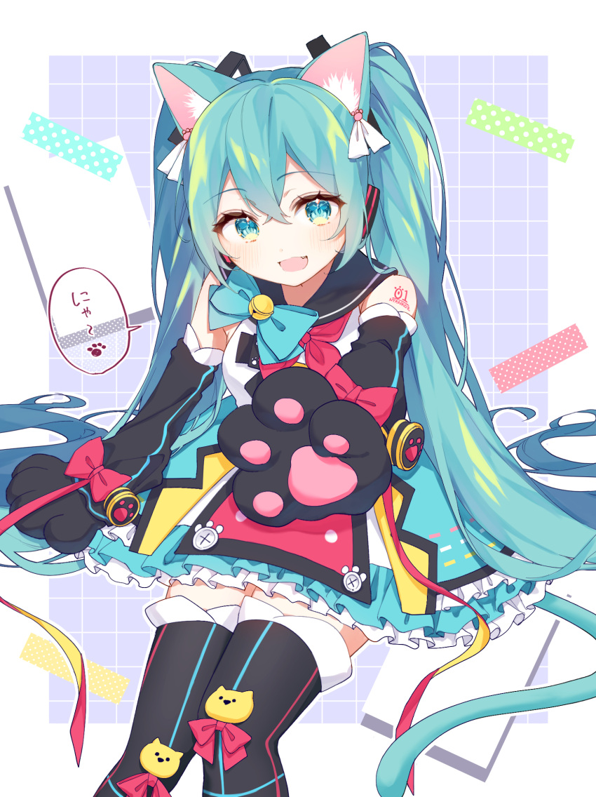 1girl alternate_costume animal_ears animal_hands aqua_bow aqua_bowtie aqua_dress bell black_thighhighs border bow bowtie cat_ears cat_tail commentary drawing_kanon dress feet_out_of_frame gloves green_eyes green_hair grid_background hatsune_miku highres long_hair looking_at_viewer miku_day multicolored_clothes multicolored_dress neck_bell open_mouth paw_gloves purple_background red_dress simple_background smile solo speech_bubble tail thigh-highs translated very_long_hair vocaloid