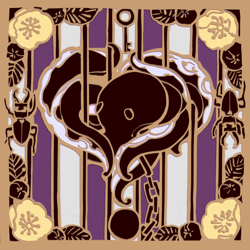 animal ball_and_chain_restraint beetle bug chain chengongzi123 flower golden_kamuy highres key leaf no_humans octopus purple_background striped_background yellow_flower
