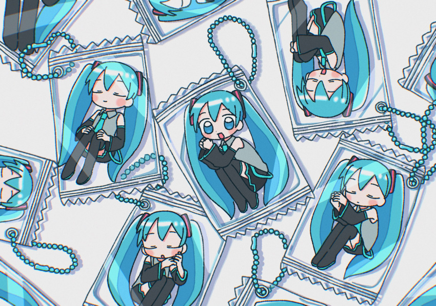 1nupool 6+girls :o bag black_footwear black_skirt black_sleeves blue_eyes blue_hair blue_necktie blush boots charm_(object) chibi clone closed_eyes closed_mouth collared_shirt detached_sleeves fetal_position grey_shirt hair_ornament hatsune_miku highres in_bag in_container knees_up long_hair looking_at_viewer multiple_girls necktie no_pupils open_mouth shadow shirt simple_background skirt sleeveless sleeveless_shirt smile thigh_boots twintails very_long_hair vocaloid white_background
