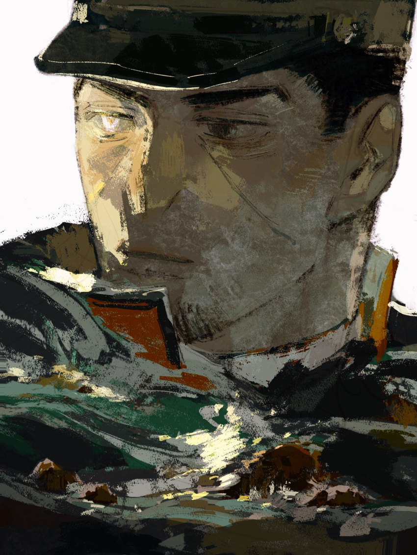 1boy brown_eyes chengongzi123 closed_mouth facial_hair goatee golden_kamuy hat highres hood hood_down hooded_jacket jacket looking_to_the_side male_focus military_hat military_uniform portrait short_hair simple_background tsukishima_hajime uniform very_short_hair water waves white_background