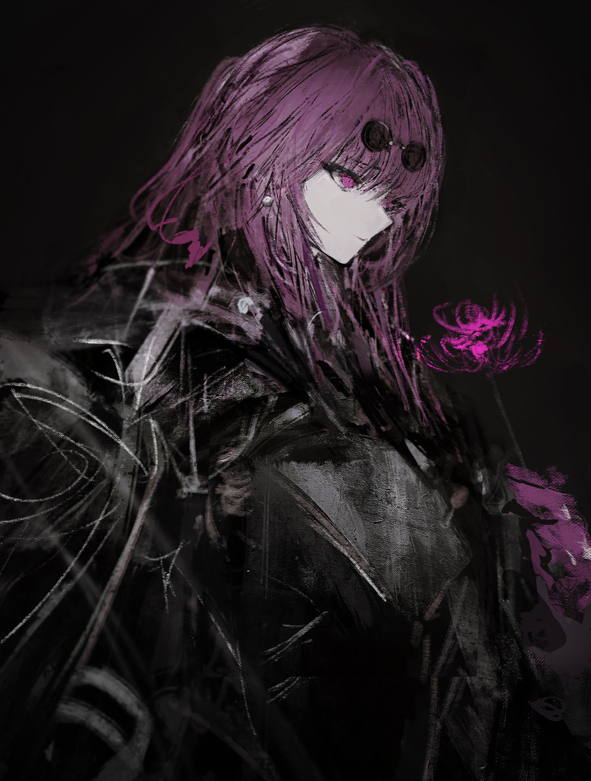1girl absurdres arms_at_sides black_background black_jacket closed_mouth earrings eyewear_on_head flower from_side hair_between_eyes highres honkai:_star_rail honkai_(series) jacket jewelry kafka_(honkai:_star_rail) long_bangs long_hair looking_ahead profile purple_flower purple_hair round_eyewear sidelocks simple_background smile solo spider_lily straight_hair sunglasses tuda6 violet_eyes