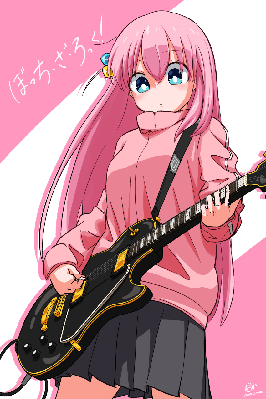 1girl absurdres black_skirt blue_eyes bocchi_the_rock! closed_mouth facing_viewer gotoh_hitori guitar hair_between_eyes hair_ornament highres holding holding_guitar holding_instrument holding_plectrum instrument jacket long_hair long_sleeves looking_down music pink_background pink_hair pink_jacket playing_guitar playing_instrument pleated_skirt plectrum skirt solo two-tone_background very_long_hair white_background wolkat