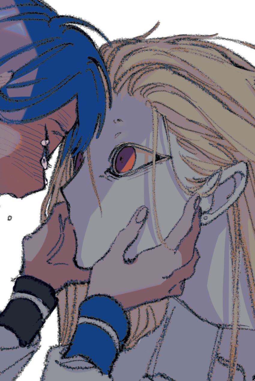 2girls blonde_hair blue_hair blush closed_eyes collared_shirt commentary_request earrings fingernails hand_on_another's_face highres jewelry long_hair looking_at_another multiple_girls naotin3333 original red_eyes shirt simple_background stud_earrings tears white_background