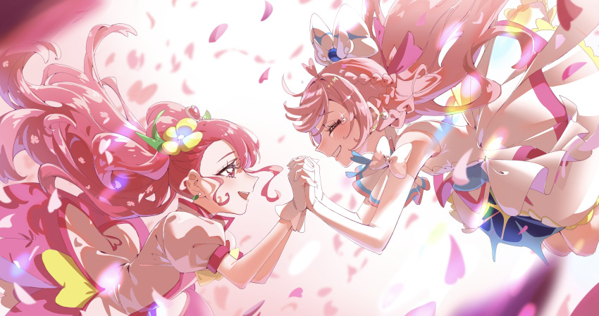 1girl 2girls absurdres bow brooch choker closed_eyes cure_grace cure_prism dress earrings elbow_gloves flower gloves hair_bow hair_flower hair_ornament hanadera_nodoka healin'_good_precure heart heart_hair_ornament highres hirogaru_sky!_precure in-franchise_crossover jewelry leaf_earrings long_hair looking_at_another magical_girl multiple_girls nijigaoka_mashiro pink_choker pink_eyes pink_hair precure puffy_sleeves short_sleeves smile tsukuda_hayato very_long_hair white_bow white_gloves