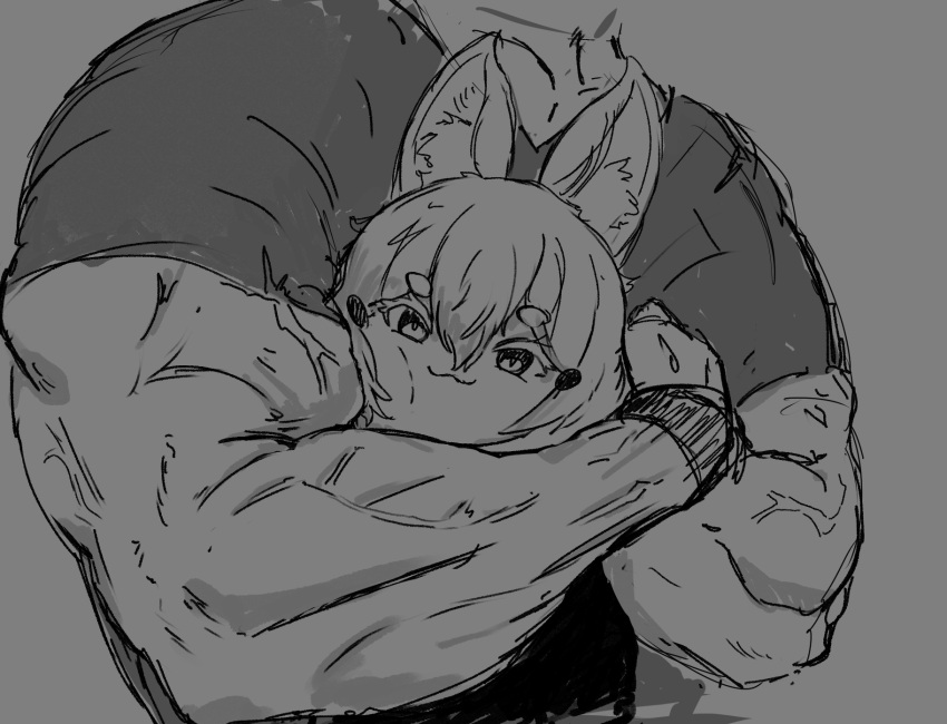 1boy 1girl :3 animal_ear_fluff animal_ears choke_hold closed_mouth greyscale h@nk hair_between_eyes highres hug looking_at_viewer monochrome muscular muscular_male phase_connect smile strangling tenma_maemi upper_body virtual_youtuber