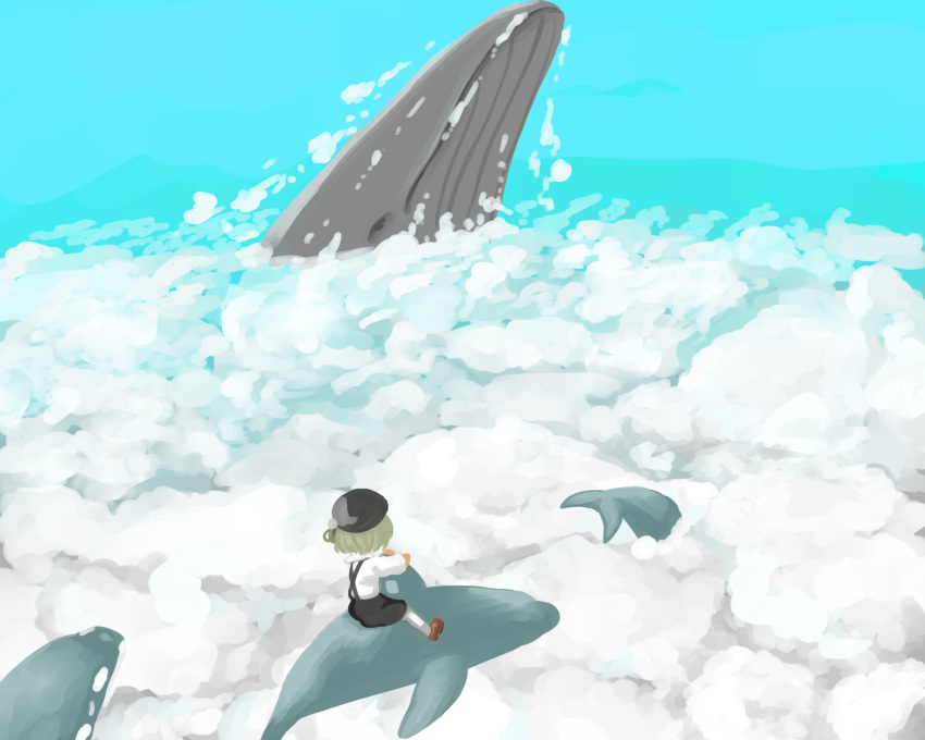 1girl above_clouds beret black_headwear black_skirt blue_sky brown_footwear brown_hair clouds cloudy_sky day dolphin facing_away flying_whale from_side hat hatoba_tsugu highres long_sleeves outdoors pantyhose riding riding_animal shirt shoes short_hair single_hair_ring skirt sky solo suspender_skirt suspenders testest tsugu_(vtuber) virtual_youtuber whale white_pantyhose white_shirt