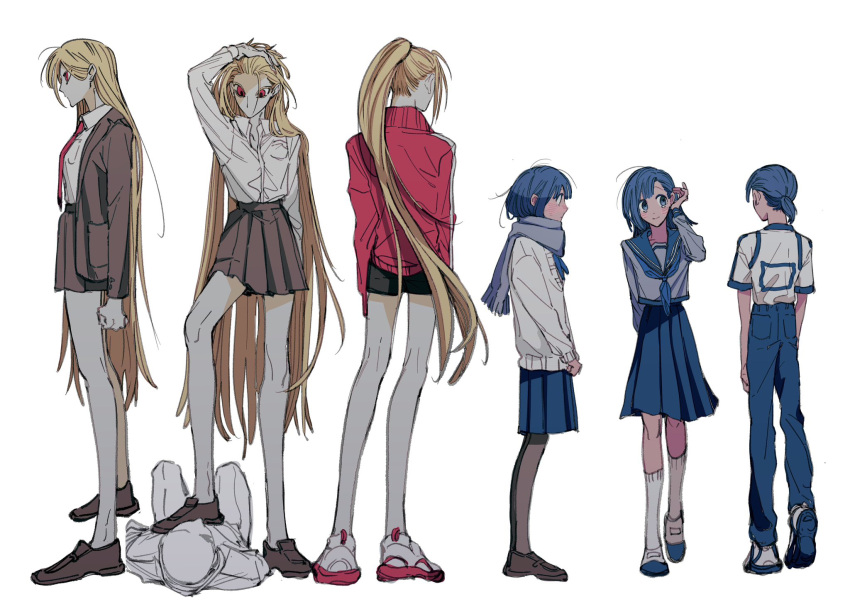 1boy 2girls black_pantyhose black_shorts blazer blonde_hair blue_hair blue_neckerchief blue_pants blue_sailor_collar blue_serafuku blue_shirt blue_skirt blush brown_footwear brown_jacket brown_skirt closed_mouth collared_shirt commentary_request hand_on_own_head highres jacket kneehighs loafers long_hair long_sleeves medium_hair multiple_girls naotin3333 neckerchief necktie no_mouth open_clothes open_jacket original pants pantyhose pleated_skirt ponytail purple_scarf red_eyes red_jacket red_necktie sailor_collar scarf school_uniform serafuku shirt shoes short_ponytail short_sleeves shorts simple_background skirt smile socks stepped_on sweater track_jacket very_long_hair white_background white_footwear white_shirt white_socks white_sweater