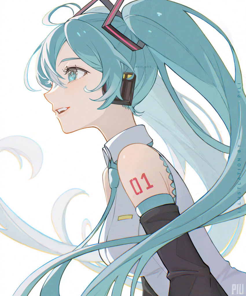 1girl :d ahoge black_sleeves blue_eyes blue_hair blue_necktie breasts collared_shirt detached_sleeves frilled_shirt frills hair_between_eyes hair_ornament hatsune_miku headset highres leaning_forward long_hair long_sleeves medium_breasts necktie number_tattoo open_mouth pili_0 shirt sidelocks simple_background sleeveless sleeveless_shirt smile solo tattoo teeth twintails upper_body upper_teeth_only very_long_hair vocaloid watermark white_background white_shirt