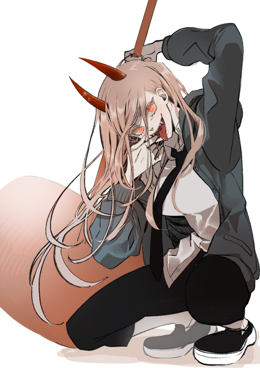 1girl black_necktie breasts chainsaw_man commentary_request cross-shaped_pupils full_body grey_hoodie hammer highres holding holding_hammer hood hoodie horns light_brown_hair long_hair medium_breasts mouth_pull necktie power_(chainsaw_man) red_eyes red_horns sharp_teeth solo squatting symbol-shaped_pupils teeth tongue tongue_out youda
