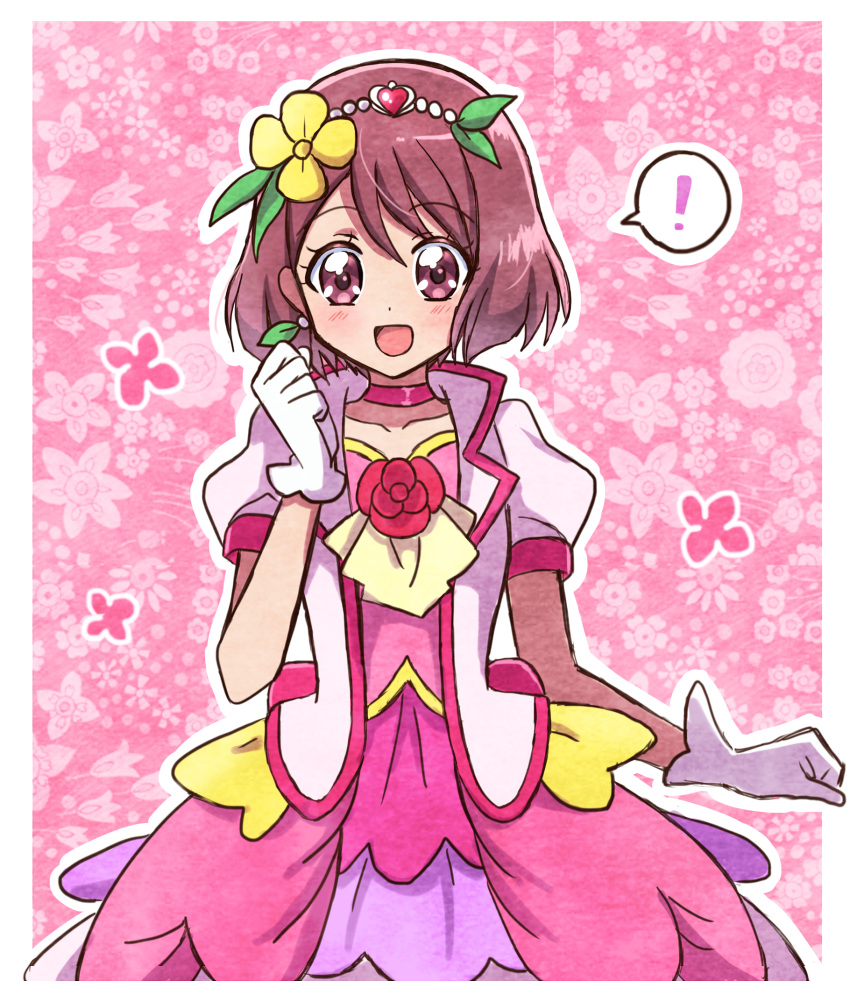 ! 1girl :d blush choker collarbone cosplay cowboy_shot cure_grace cure_grace_(cosplay) dot_nose dress earrings floral_background flower flower_brooch gloves hair_flower hair_ornament hakuchuu hanadera_nodoka healin'_good_precure heart heart_hair_ornament highres jacket jewelry layered_dress looking_at_viewer magical_girl open_mouth pink_background pink_choker pink_dress pink_theme precure red_eyes redhead self_cosplay short_hair smile solo spoken_exclamation_mark standing straight-on white_gloves white_jacket