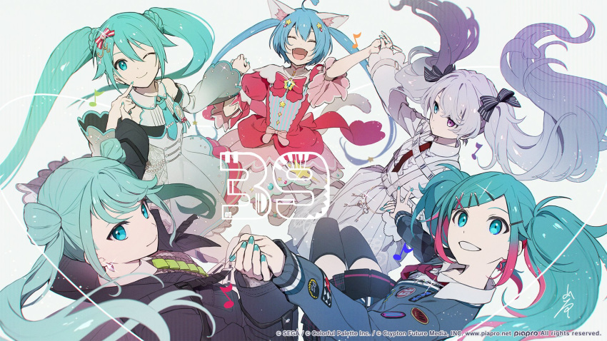 25-ji_miku 25-ji_nightcord_de._(project_sekai) 39 5girls ahoge animal_ears aqua_eyes aqua_hair aqua_nails aqua_necktie armpit_crease back_bow bare_shoulders beads belt black_jacket black_ribbon black_shirt black_skirt black_thighhighs blue_cardigan blue_gemstone blue_hair bow brooch buttons cardigan cat_ears cat_tail center_frills checkered_clothes clenched_teeth closed_eyes closed_mouth collared_dress collared_shirt colored_tips commentary_request detached_sleeves diamond_earrings dot_nose dress dress_shirt earrings eighth_note empty_eyes expressionless fangs finger_to_own_chin fingernails flat_chest floral_print frills gear_print gem gem_hair_ornament glint gradient_sleeves grey_dress grey_hair hair_between_eyes hair_ornament hair_ribbon hair_rings hairclip hand_up hatsune_miku heart heart_ahoge heterochromia high_collar highres holding_hands index_finger_raised iwato1712 jacket jewelry juliet_sleeves key leo/need_(project_sekai) leo/need_miku letter_hair_ornament light_particles long_hair long_skirt long_sleeves looking_at_viewer miku_day more_more_jump!_(project_sekai) more_more_jump!_miku multicolored_hair multiple_girls multiple_persona musical_note nape necktie off-shoulder_dress off_shoulder official_art one_eye_closed open_mouth paperclip paperclip_hair_ornament parted_lips patch pearl_(gemstone) pink_dress pink_gemstone pink_hair pink_necktie pink_ribbon plaid plaid_skirt pleated_skirt polka_dot polka_dot_shirt project_sekai puffy_short_sleeves puffy_sleeves ribbon roman_numeral second-party_source shirt short_sleeves sidelocks silver_trim simple_background single_horizontal_stripe single_vertical_stripe skirt smile star_(symbol) star_brooch star_button star_hair_ornament streaked_hair striped_ribbon suspender_skirt suspenders swept_bangs tail teeth thigh-highs tie_clip toggles tsurime twintails two-tone_hair very_long_hair violet_eyes vivid_bad_squad_(project_sekai) vivid_bad_squad_miku vocaloid white_background white_belt white_shirt white_skirt wide_sleeves wonderlands_x_showtime_(project_sekai) wonderlands_x_showtime_miku x_hair_ornament zettai_ryouiki