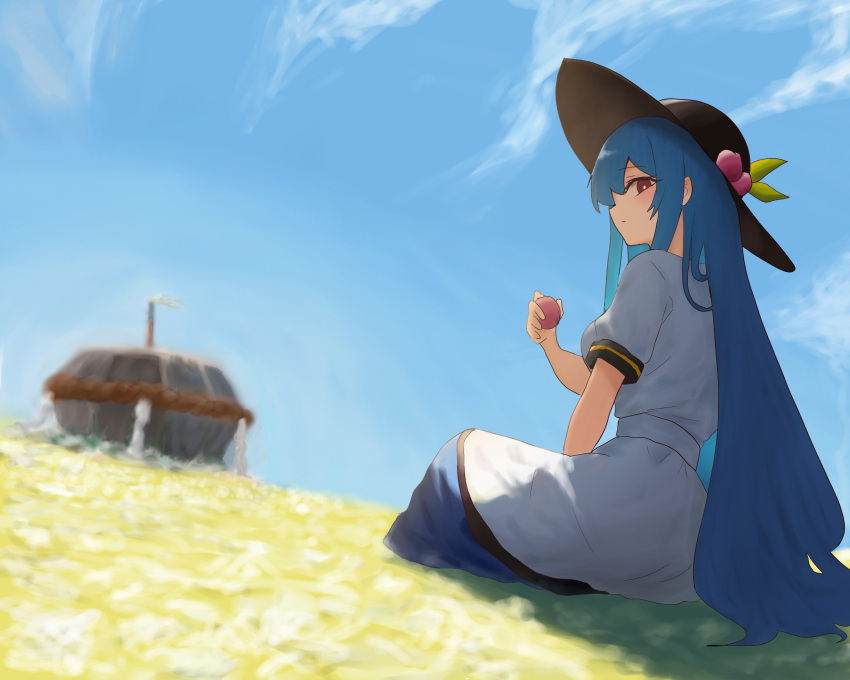1girl absurdres black_headwear blue_hair blue_skirt blue_sky blurry closed_mouth clouds commentary_request depth_of_field food full_body highres hinanawi_tenshi holding holding_food keystone leaf long_hair looking_at_viewer looking_back moriforest1040 outdoors peach_hat_ornament red_eyes shirt sitting skirt sky solo touhou white_shirt