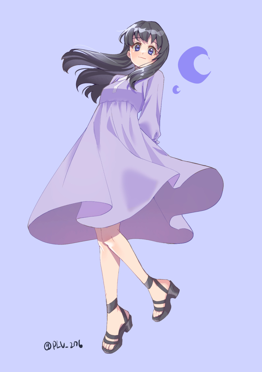 1girl arms_behind_back black_footwear black_hair closed_mouth crescent dot_nose dress full_body happinesscharge_precure! head_tilt highres hikawa_maria long_hair looking_at_viewer plv_276 precure purple_background purple_dress purple_theme sandals simple_background smile solo twitter_username violet_eyes