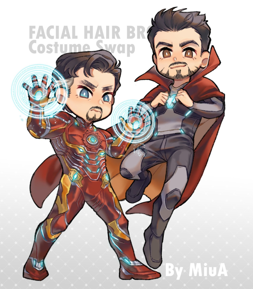 2boys akira_yoru arc_reactor armor avengers:_infinity_war avengers_(series) black_footwear black_hair black_pants black_shirt blue_eyes boots brown_eyes cloak closed_mouth cosplay costume_switch doctor_strange doctor_strange_(cosplay) english_commentary english_text facial_hair flying full_armor full_body gradient_background grey_background grey_hair hands_up highres hologram iron_man iron_man_(cosplay) long_sleeves looking_at_viewer male_focus marvel marvel_cinematic_universe multicolored_armor multicolored_hair multiple_boys orange_armor pants power_armor red_armor red_cloak shirt short_hair simple_background smile standing superhero_costume tony_stark twitter_username two-tone_hair v-shaped_eyebrows white_background
