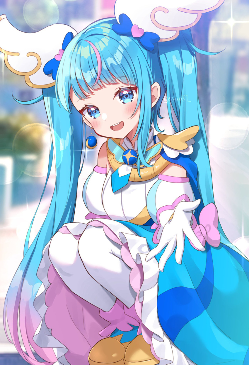 1girl blue_cape blue_dress blue_eyes blue_footwear blue_hair blurry blurry_background boots bow brooch cape commentary cure_sky cut_bangs day depth_of_field detached_sleeves dress dress_bow earrings fingerless_gloves gloves highres hirogaru_sky!_precure jewelry lens_flare long_hair looking_at_viewer magical_girl medium_dress multicolored_hair open_mouth outdoors pantyhose pink_bow pink_hair precure puffy_detached_sleeves puffy_sleeves reaching reaching_towards_viewer shuu_(mniarnoakou) single_earring single_sidelock sleeveless sleeveless_dress smile solo sora_harewataru sparkle squatting streaked_hair twintails twitter_username two-tone_dress very_long_hair white_dress white_gloves white_pantyhose wing_brooch wing_hair_ornament