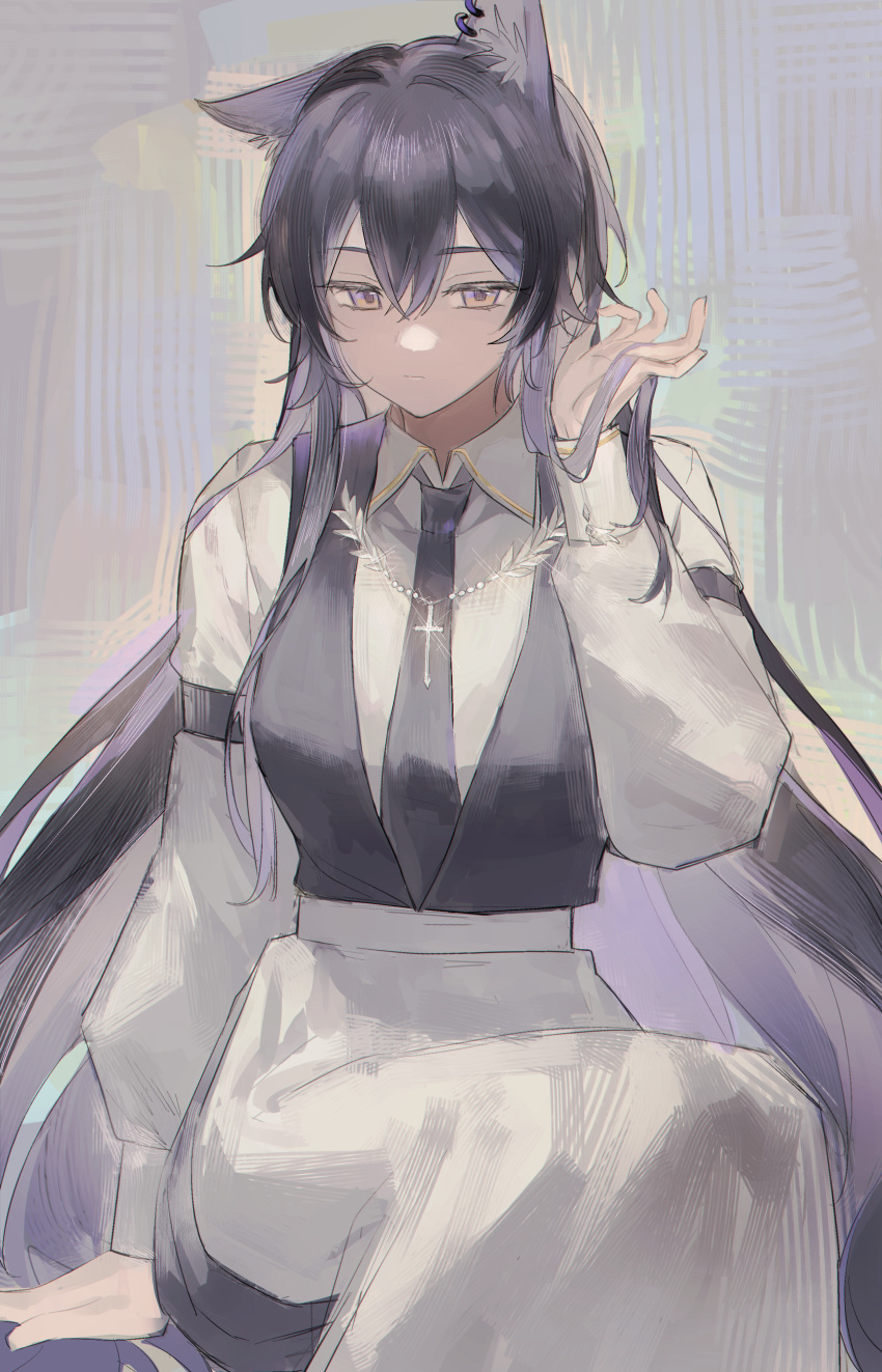 1girl absurdres animal_ear_fluff animal_ear_piercing animal_ears arknights black_hair black_necktie black_vest closed_mouth collared_dress cross dress expressionless feet_out_of_frame glint hair_between_eyes half-closed_eyes hand_in_own_hair hand_up highres jsjdndhidnshssj latin_cross long_dress long_hair long_sleeves looking_down muted_color necktie purple_hair sitting sketch_background sleeve_garter solo texas_(arknights) very_long_hair vest violet_eyes waistcoat white_dress wolf_ears wolf_girl