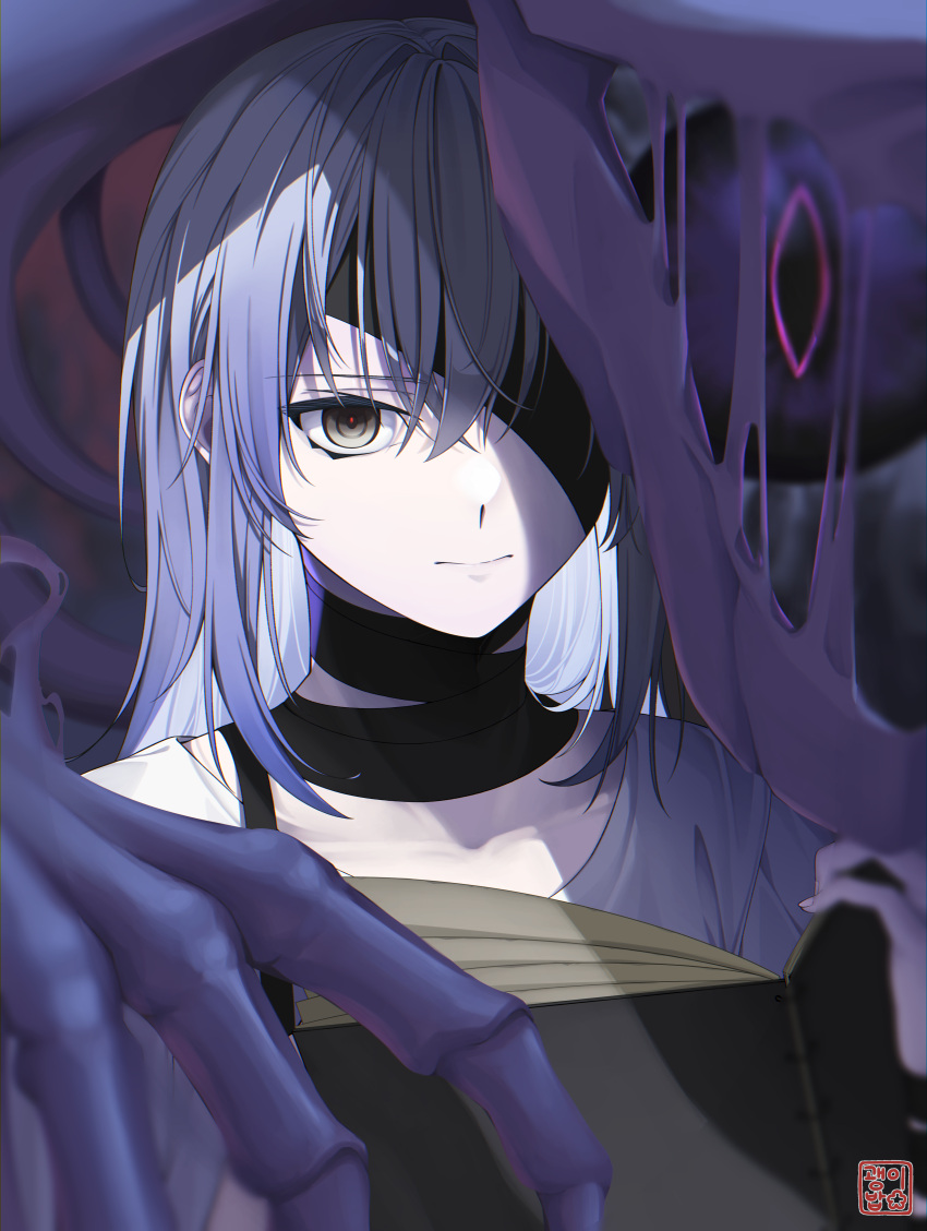 1girl absurdres book closed_mouth expressionless eyepatch grey_eyes grey_hair gwaeng-i-bap_(oxalis_2ho) hair_between_eyes hand_up hecate_(path_to_nowhere) highres holding holding_book long_hair monster nightmare_(path_to_nowhere) one_eye_covered path_to_nowhere portrait purple_hair red_pupils shirt signature turtleneck white_shirt