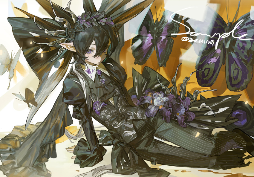 1girl artist_name ascot black_ascot black_hair black_suit bug butterfly chest_jewel commentary erming225 feet_out_of_frame gem hair_between_eyes highres long_hair long_sleeves looking_at_viewer original pants purple_gemstone sitting solo striped_clothes striped_pants suit twintails vertical-striped_clothes vertical-striped_pants violet_eyes watermark