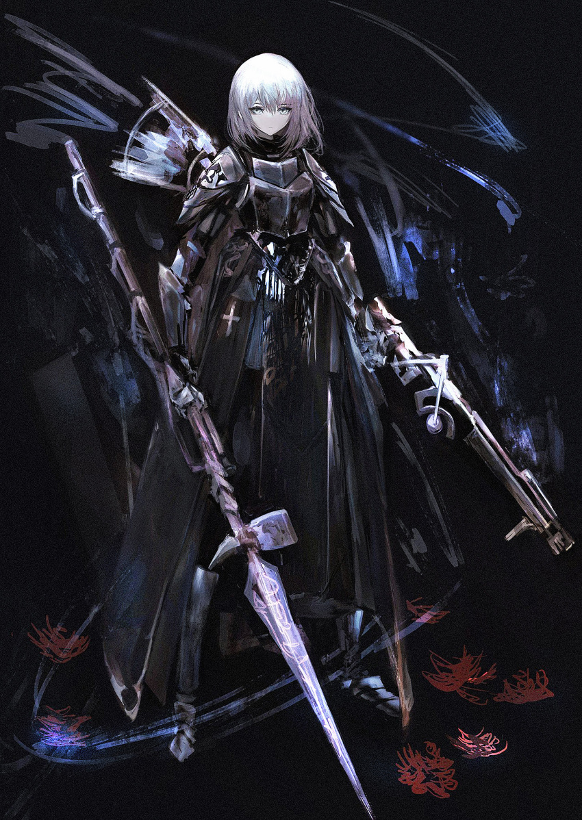 1girl :| absurdres armor armored_dress black_background black_coat black_dress breastplate closed_mouth coat dress dual_wielding expressionless flower full_body grey_hair gun hair_between_eyes highres holding holding_gun holding_polearm holding_weapon legs_apart long_sleeves looking_at_viewer medium_hair open_clothes open_coat original pauldrons pelvic_curtain polearm sabaton shoulder_armor sidelocks smoke_trail solo spear spider_lily standing tuda6 vambraces weapon white_eyes