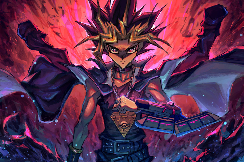 1boy absurdres belt black_hair blonde_hair clenched_hand duel_disk highres jacket jacket_on_shoulders looking_at_viewer millennium_puzzle multicolored_hair open_clothes open_jacket purple_hair red_background shirt sleeveless sleeveless_shirt smile sonic1nstinct spiky_hair upper_body yami_yuugi yu-gi-oh! yu-gi-oh!_duel_monsters yu-gi-oh!_the_dark_side_of_dimensions