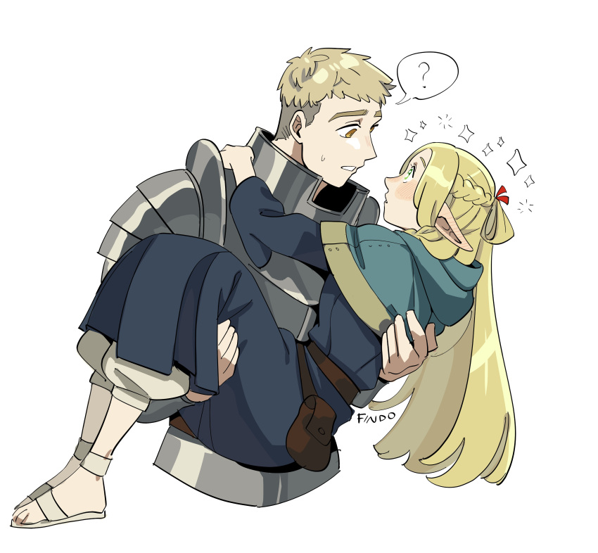 1boy 1girl absurdres armor blonde_hair blue_robe blush carrying carrying_person dungeon_meshi elf findoworld green_eyes highres hooded_robe laios_thorden long_hair long_sleeves looking_at_another marcille_donato pointy_ears princess_carry robe short_hair shoulder_armor simple_background sparkle sweatdrop upper_body white_background