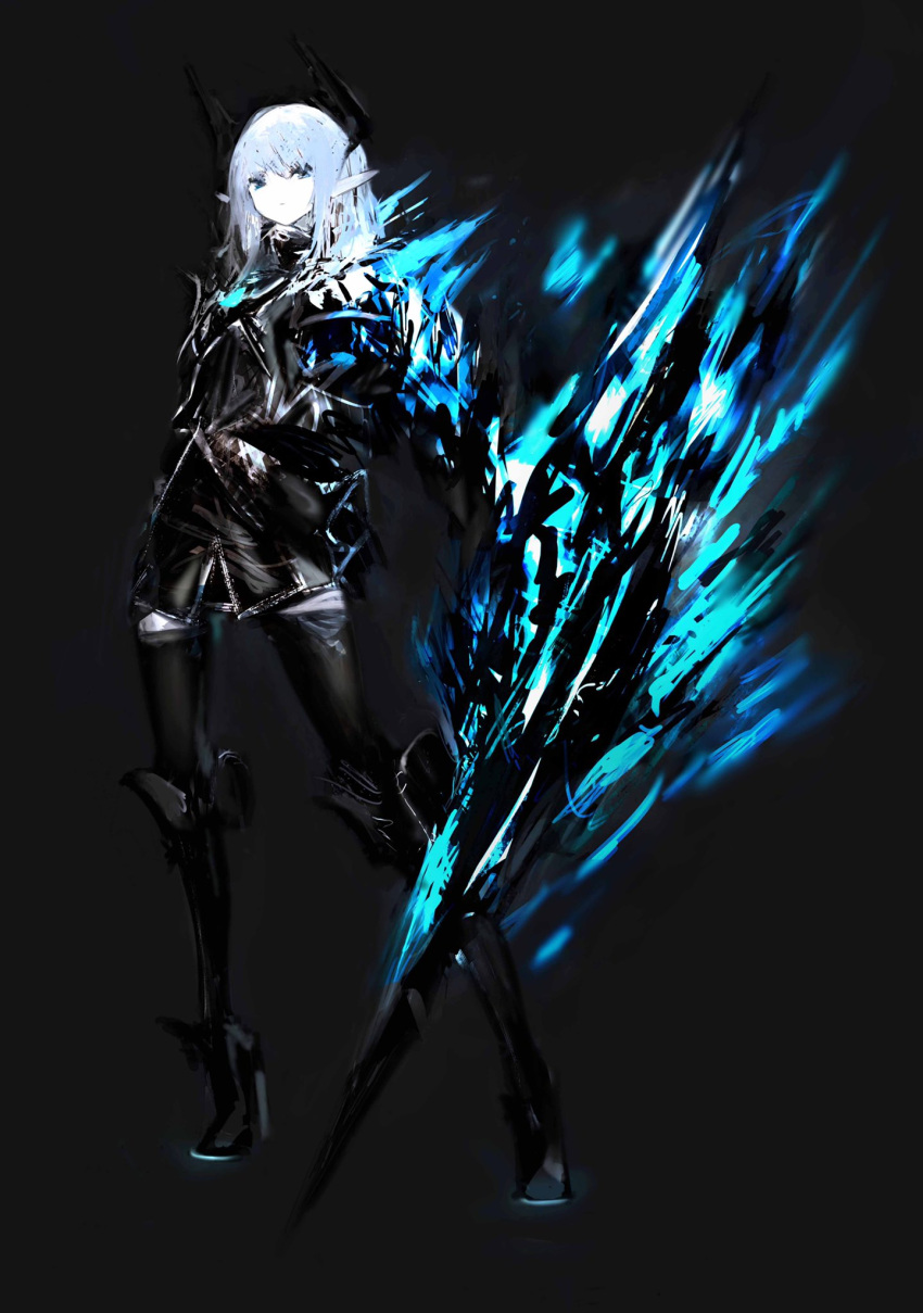 1girl arm_at_side armor black_background black_horns black_shirt black_shorts black_thighhighs blade_arm blue_eyes blue_fire blue_footwear breastplate closed_mouth colored_skin dot_mouth expressionless fire glowing glowing_weapon hair_between_eyes high_heels highres holding holding_polearm holding_weapon horns long_hair long_sleeves looking_at_viewer neon_trim original pointy_ears polearm shirt shorts sidelocks simple_background solo spear thigh-highs tuda6 weapon white_hair white_skin