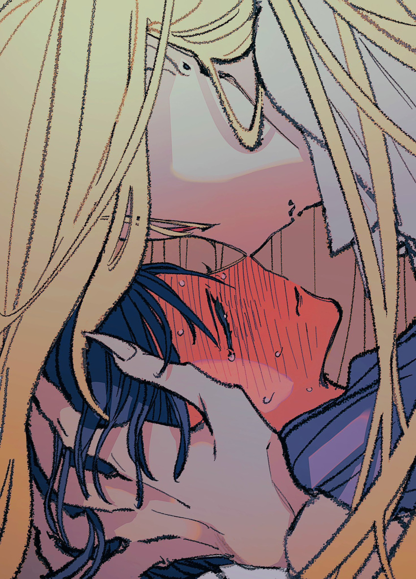 2girls blonde_hair blue_hair closed_eyes closed_mouth commentary_request earrings fingernails hand_on_another's_face highres jewelry long_fingernails long_hair multiple_girls naotin3333 nervous_sweating noses_touching original red_eyes sharp_fingernails stud_earrings sweat yuri