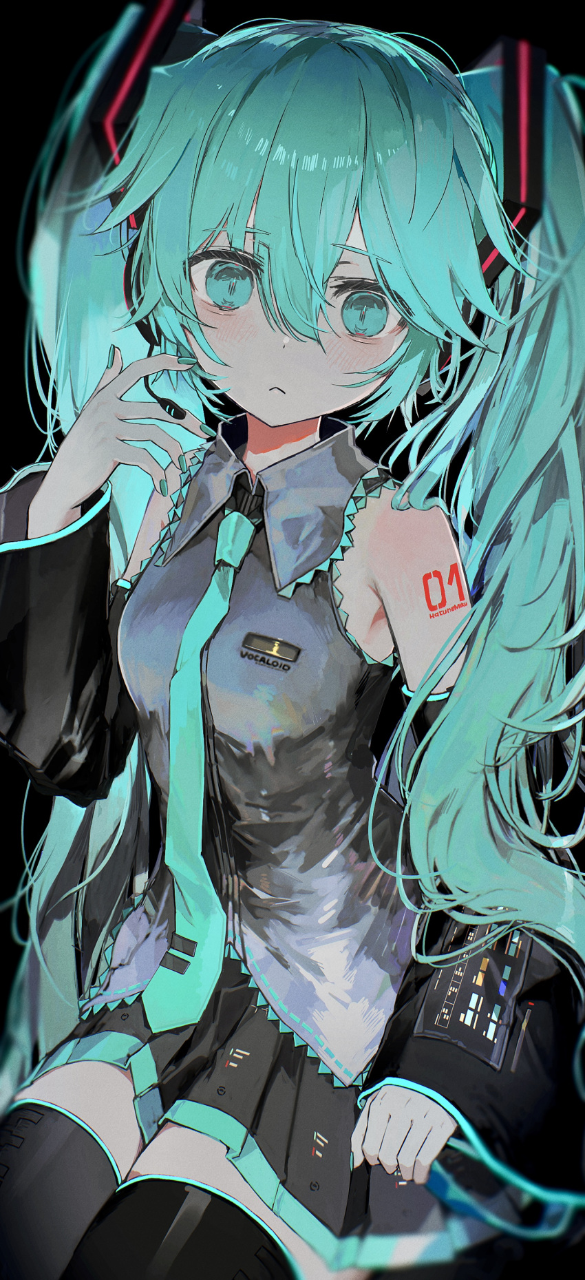 1girl :&lt; absurdres black_background black_skirt black_sleeves black_thighhighs blue_eyes blue_hair blue_nails blue_necktie blush breasts closed_mouth collared_shirt cowboy_shot detached_sleeves frilled_shirt frills grey_shirt hair_ornament hatsune_miku head_tilt headset highres legs_together long_sleeves looking_at_viewer medium_breasts microphone miniskirt nail_polish necktie number_tattoo pleated_skirt shirt simple_background skirt sleeveless sleeveless_shirt solo tattoo tekito_midori thigh-highs tie_clip twintails vocaloid zettai_ryouiki